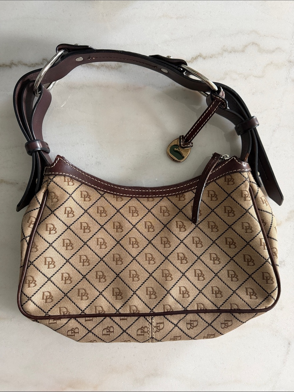 Dooney & Bourke Tan Logo Jacquard Shoulder Bag with Brown Leather Trim